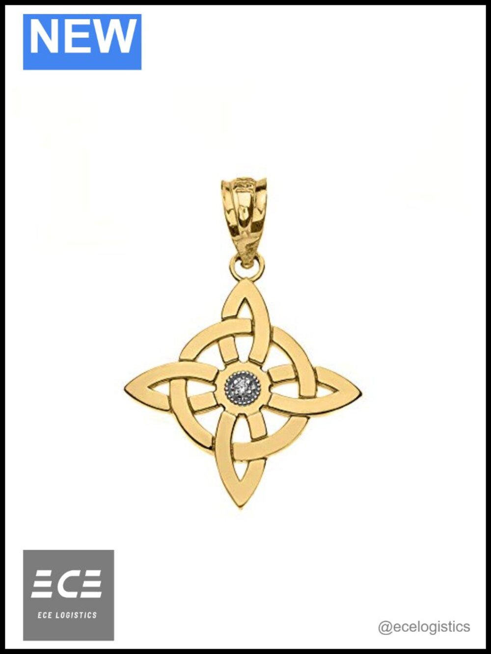 10K Solid Gold Witch's Knot Diamond Pendant Necklace Pagan Symbol Jewelry